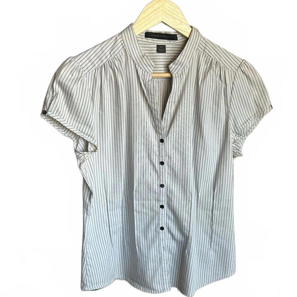 Vintage Express Top Medium Gray Pinstripe Cap Sleeves Button Down Careercore